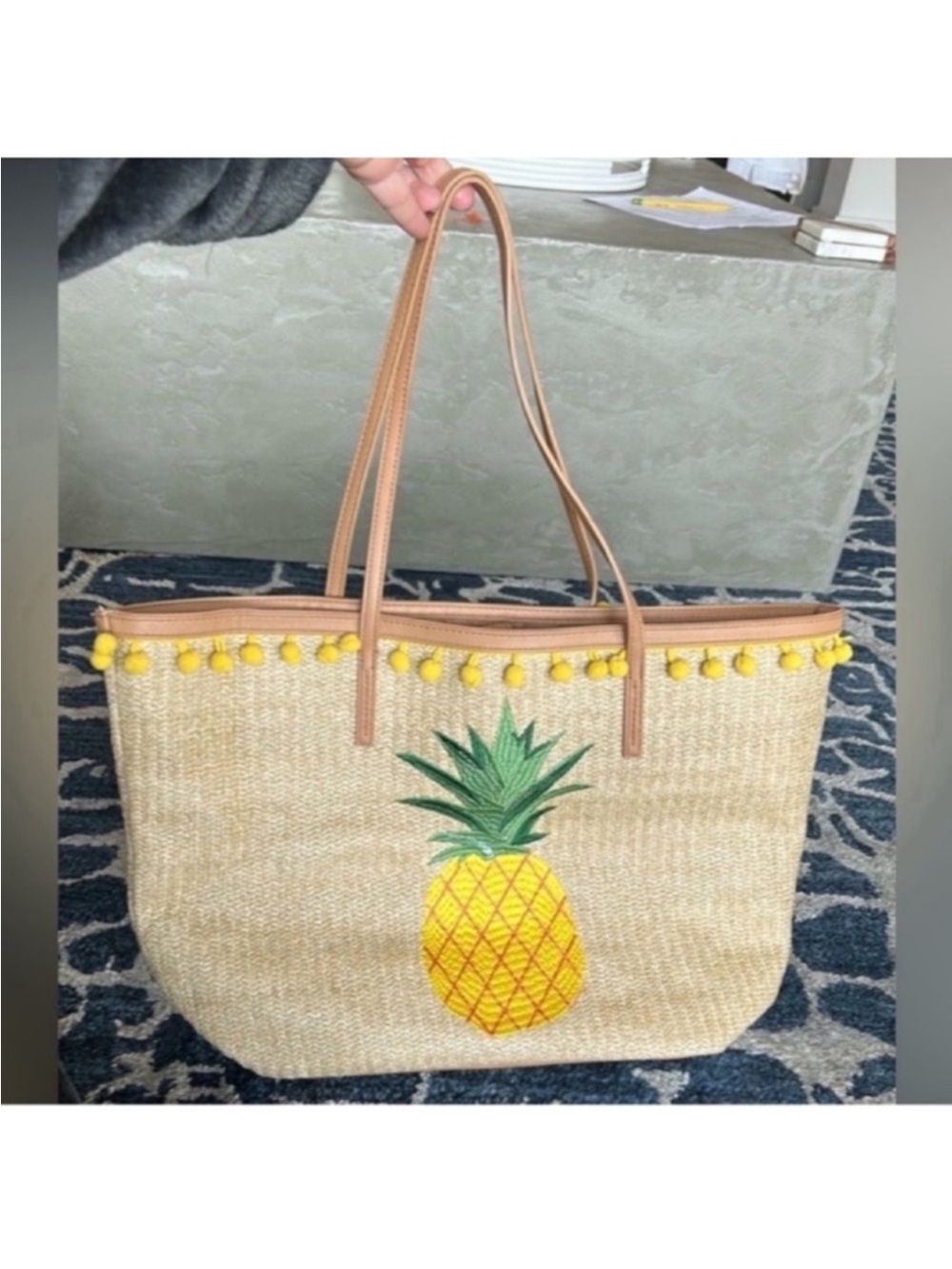 Jute Woven Pineapple Embroidered Beach Shoulder Bag Pom Pom trim